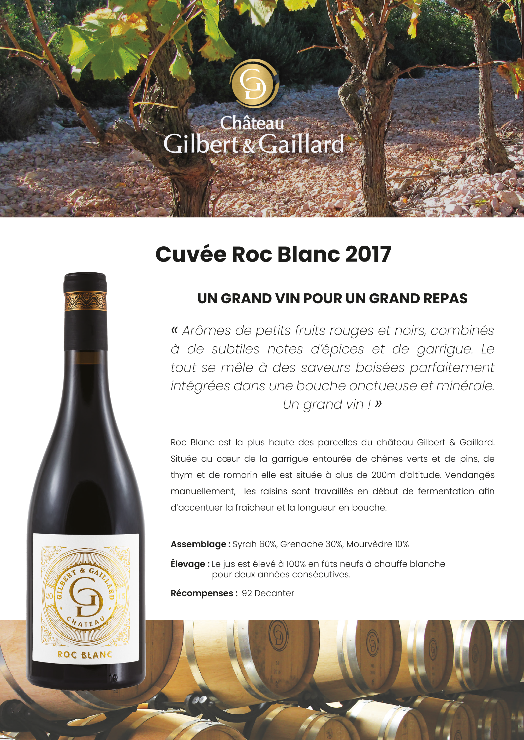 présentation de la cuvée roc blanc vin du chateau gilbert et gaillard